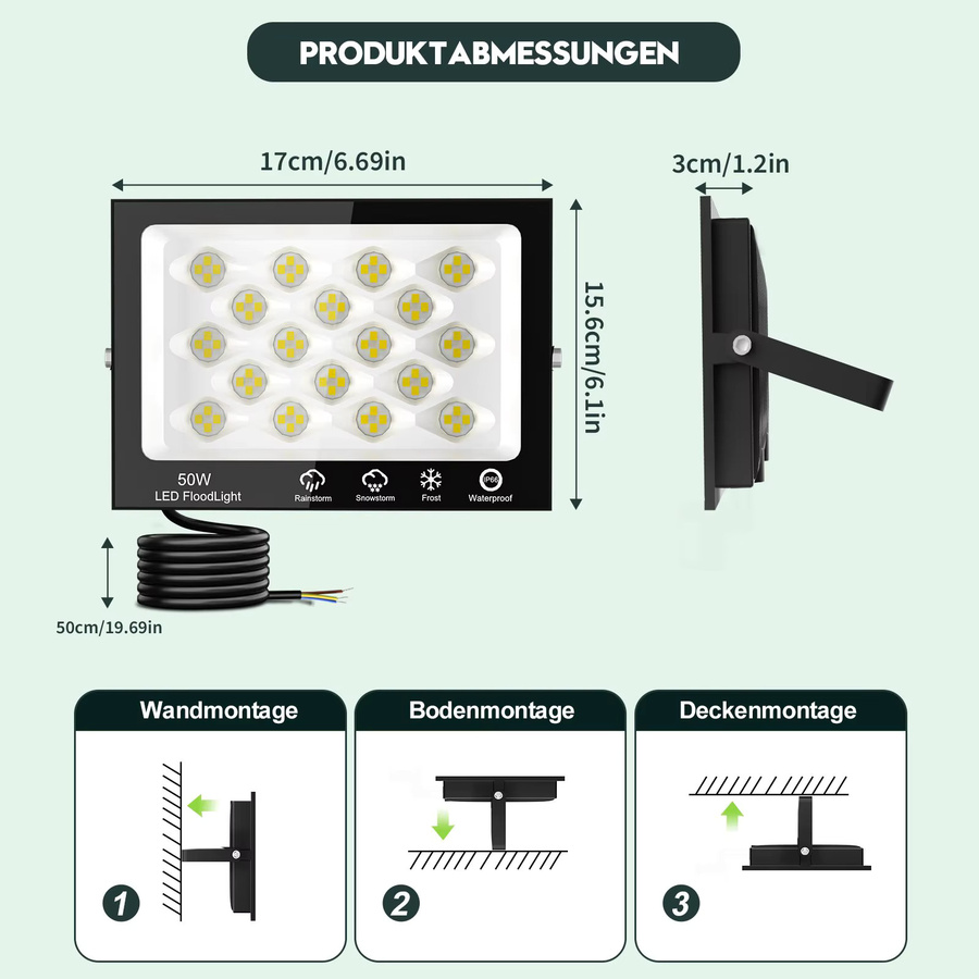 Wasserdichter LED-Flutlicht Strahler in Schwarz, 100 W, IP66 COB Außenleuchte für Garten und Wand - Bild 8