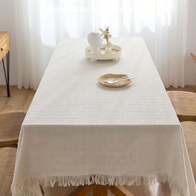 Quadratische Baumwoll-Leinen-Tischdecke in Beige mit Quasten für Küche, Esszimmer und besondere Anlässe wie Hochzeiten oder Partys - Bild 1