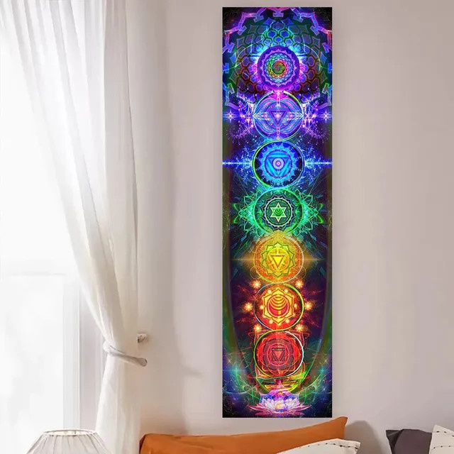 LVJIA Chakra Wandteppich mit Mandala-Design in Multicolour und Schwarz, Boho Wandbehang für Yoga und Meditation, B/H: 150 x 40 cm - Bild 1
