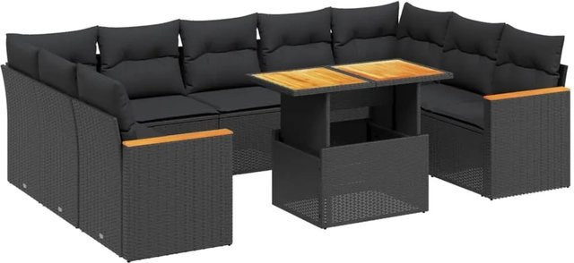 vidaXL 11-teilige Garten-Sofagarnitur in L-Form aus Polyrattan und Akazienholz mit Kissen in Schwarz - Bild 1