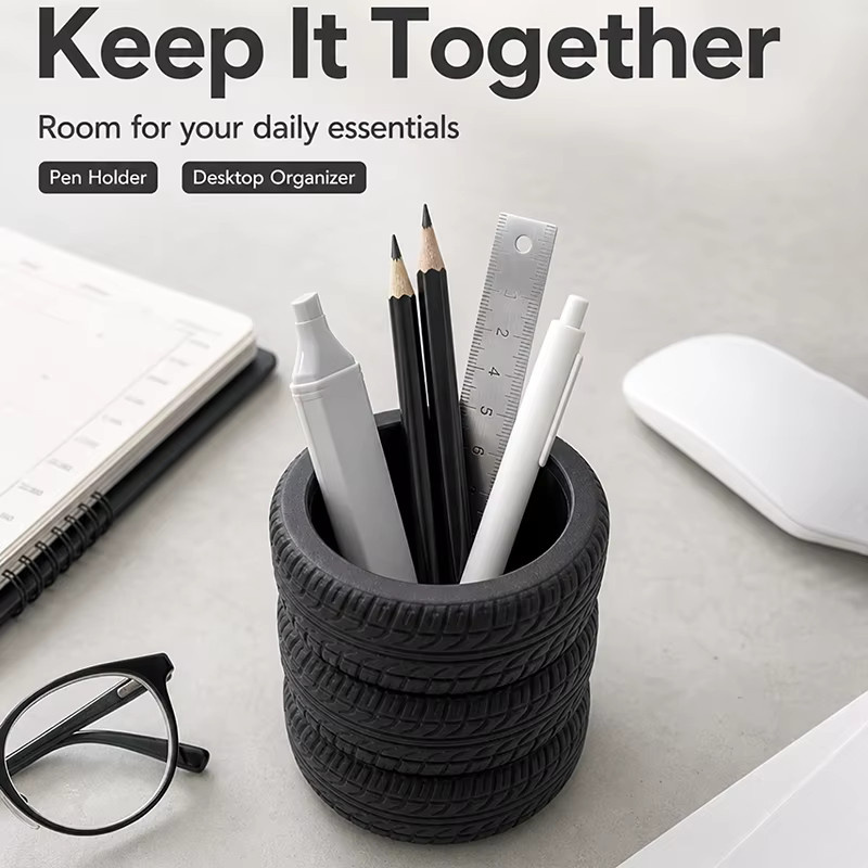 Schreibtisch-Organizer in Reifenform als Stifthalter und Aufbewahrungsbox für Schreibwaren oder Make-up Pinsel, Schwarz - Bild 4