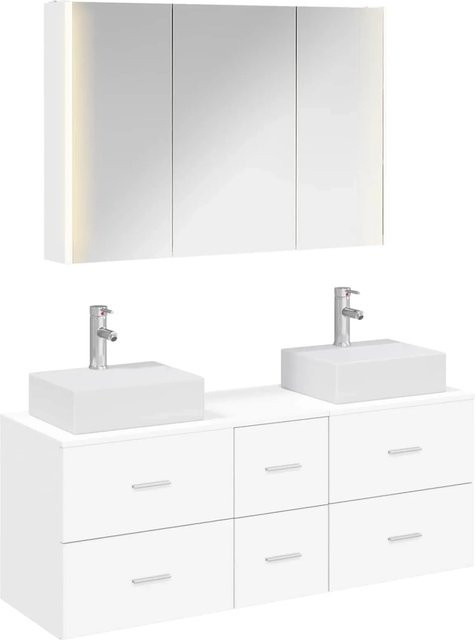 vidaXL Badezimmermöbel-Set 4-teilig in Weiß mit Spiegelschrank und Waschtisch aus Holz und Glas mit LED-Beleuchtung und integrierten Schubladen - Bild 1
