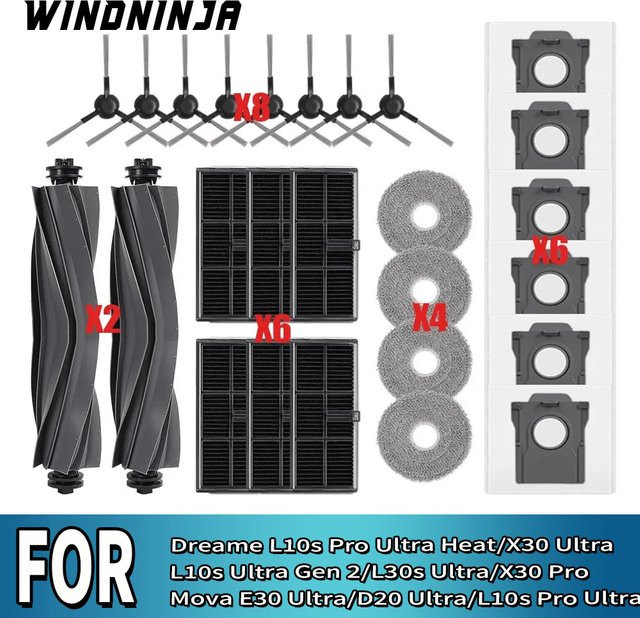 Dreame Ersatzteil-Set für L10s Pro Ultra Heat, L10s Ultra Gen 2, L30s Ultra, Mova E30 Ultra und D20 Ultra mit Hauptbürste, Seitenbürste, Staubsaugerfilter, Wischpad und Beutel - Bild 1