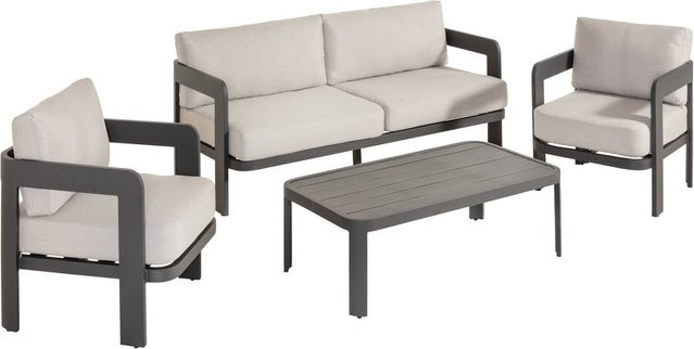 12-teilige Gartenlounge RIAD M von Green Yard aus Aluminium mit Tisch, 2 Sesseln und 3-Sitzer Bank in Anthrazit mit Olefin-Stoff - Bild 1
