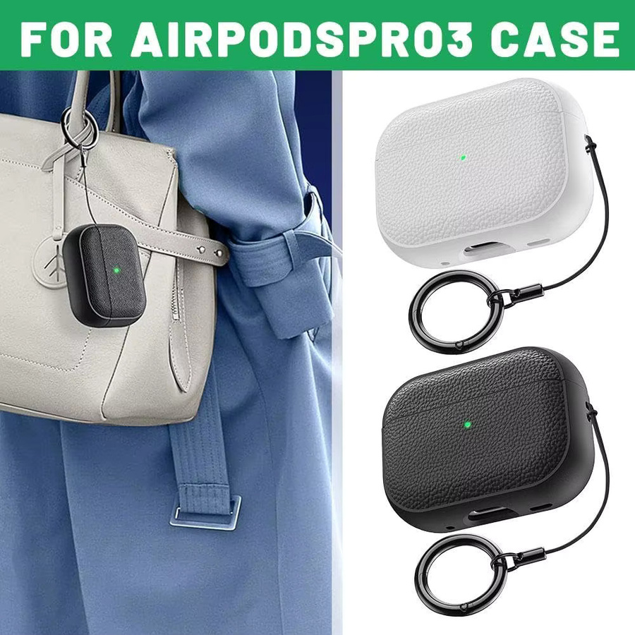 Schutzhülle für Apple AirPods Pro 3, Pro 2 und AirPods 4 in Lederstruktur aus TPU mit Schlüsselanhänger und Trageband, Farben: Weiß oder Schwarz - Bild 1