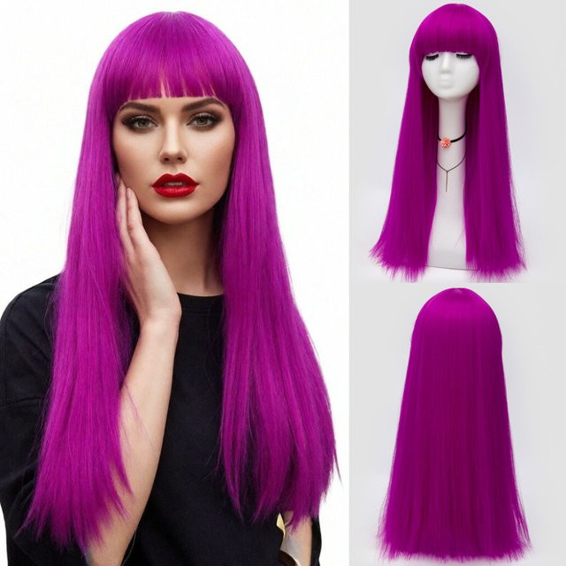 shyred Perücke, lange gerade violette Synthetik-Perücke mit Pony, Damen - Bild 1