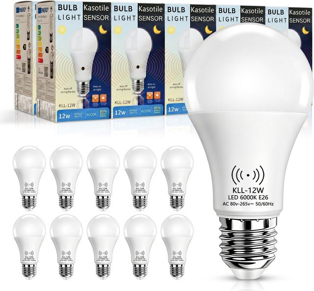 Kasotile 10er-Pack LED Glühbirnen mit Dämmerungs- und Bewegungssensor, E26, 9W, Weiß - Bild 1