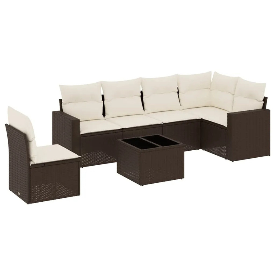 vidaXL 7-teilige Garten-Sofagarnitur in L-Form aus braunem Poly-Rattan mit cremefarbenen Kissen und pulverbeschichtetem Stahlgestell - Bild 2