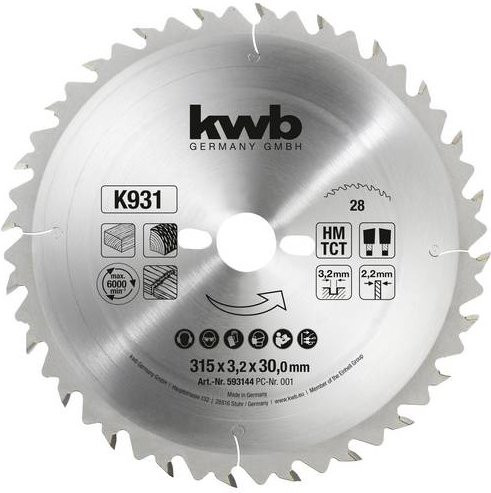 Kwb Kreissägeblatt 593144 für Holz und Kunststoff, Carbide Tipped, Farbe: Silber, Durchmesser: 315 mm, Bohrung: 30 mm - Bild 1