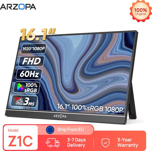 ARZOPA Tragbarer Monitor Z1C, 16,1 Zoll IPS-Bildschirm, Full HD 1080P, 100% sRGB, Schwarz - Bild 1