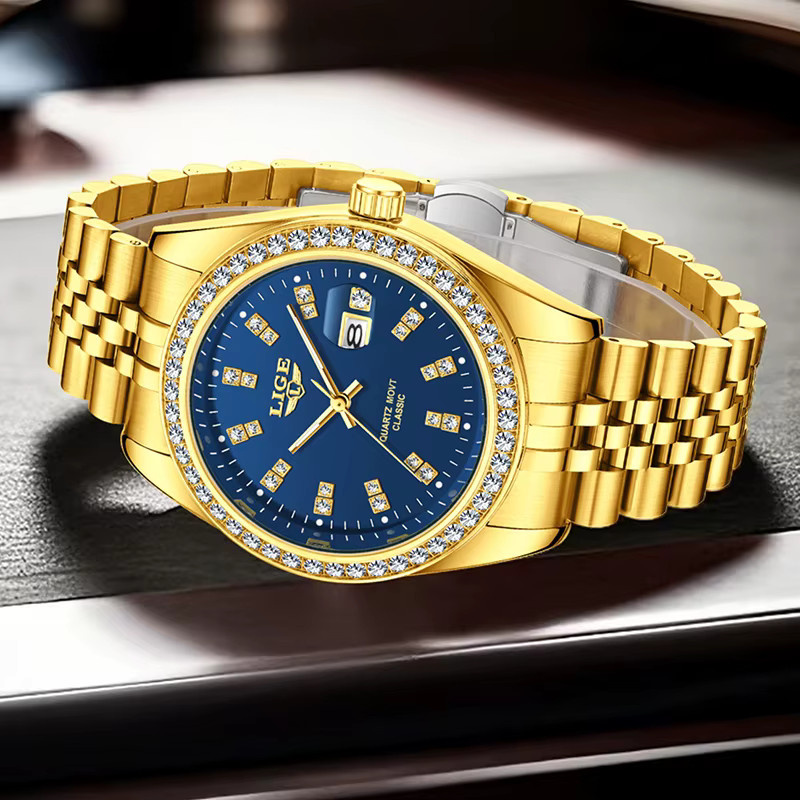 LIGE Armbanduhr Quarz, Edelstahl, Bicolor, Gold, Blau, Diamantbesetzt, Herren - Bild 2