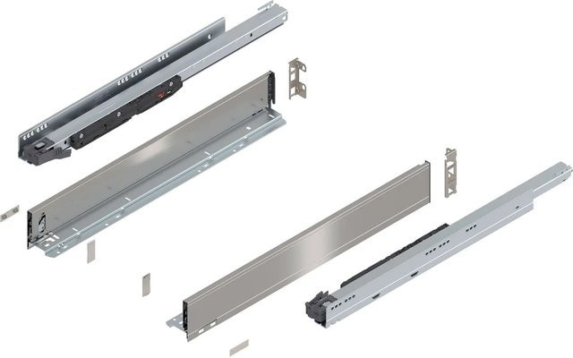 Blum Legrabox Pure Set Schubladenauszug mit Tip-On Vollauszug, Farbe Silber, Material Edelstahl gebürstet, Auszugslänge: 650 mm, Tragkraft: 70 kg, 1 Paar - Bild 1