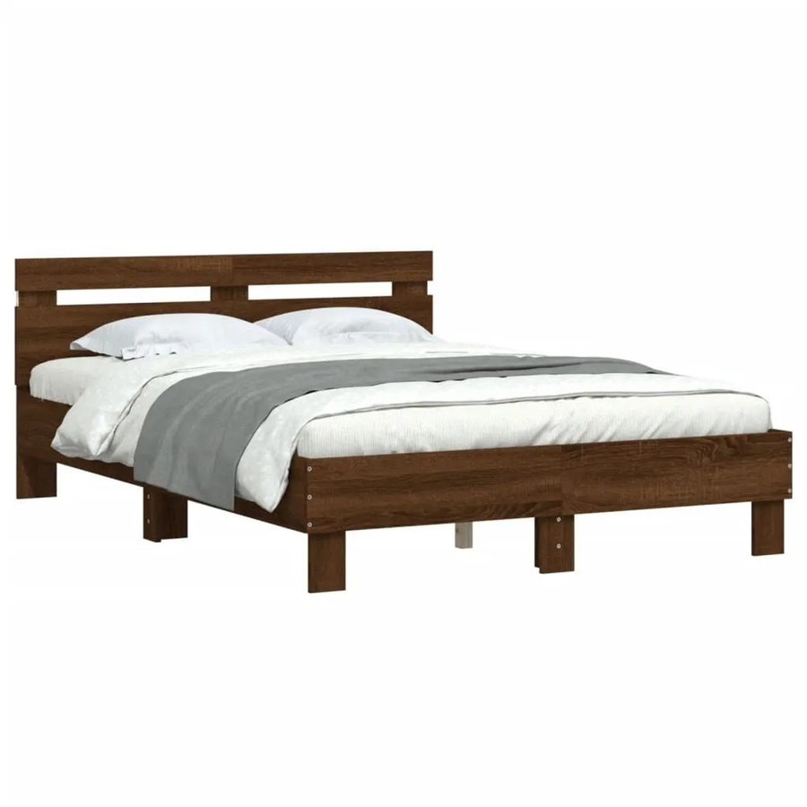 vidaXL Bettgestell mit Kopfteil, LED-Beleuchtung und USB-Ladeport, Eiche Braun, B: 140 cm, T: 190 cm - Bild 2