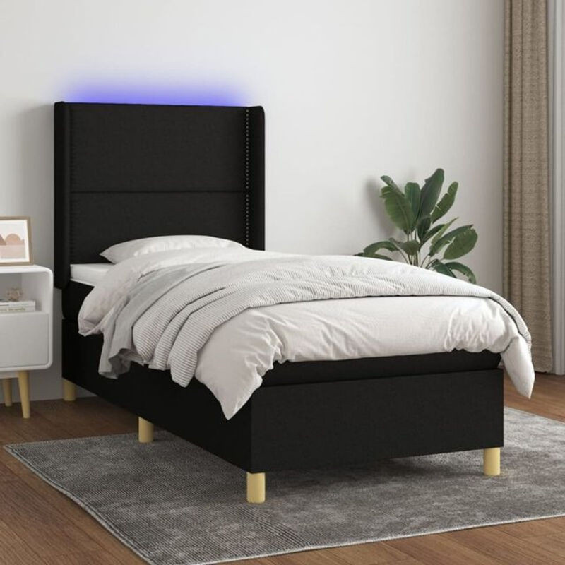 vidaxl Boxspringbett mit Matratze und LED in Schwarz, Stoff, B/T/H: 90 x 190 x 128 cm - Bild 1
