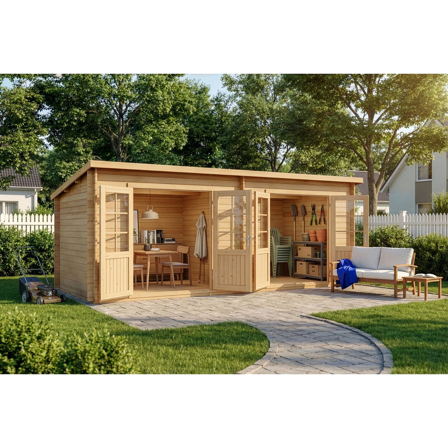Alpholz Gartenhaus Maria Twin Pultdach in Blockbohlenbauweise, Unbehandelt, Braun, B: 578 cm, T: 224 cm, H: 220 cm - Bild 2