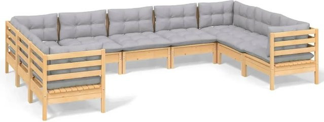 vidaXL 9-teiliges Garten-Lounge-Set aus Kiefernholz mit grauen Polstern aus Polyester - Bild 1