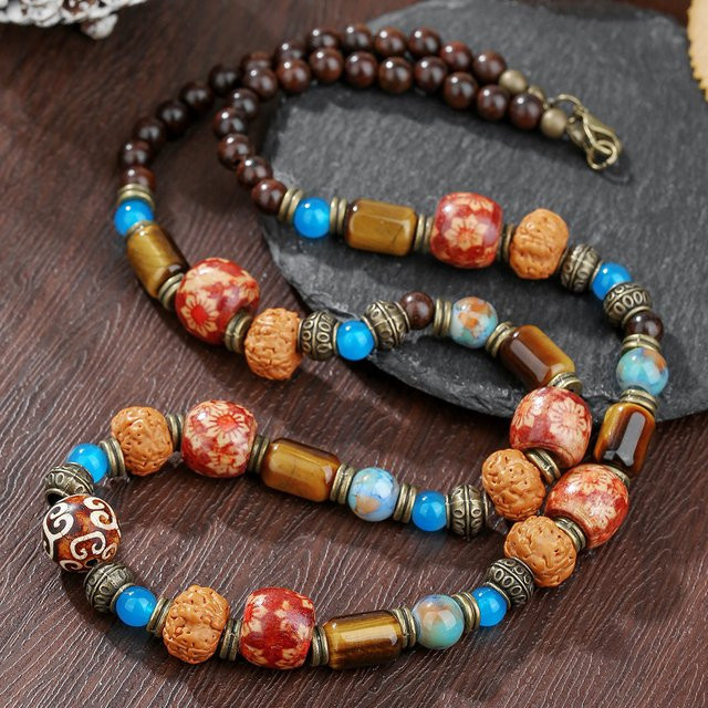 INGX Halskette Herren, Holz, Tigerauge Stein, Perlen, Boho - Bild 1