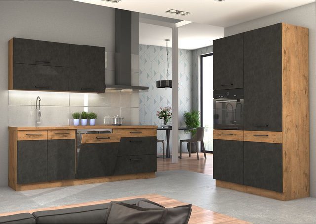 VIGO Matera Lancelot Einbauküche in Grau und Eiche, moderne Küchenzeile mit mattem Finish, B/T/H: 220 + 120 cm - Bild 1