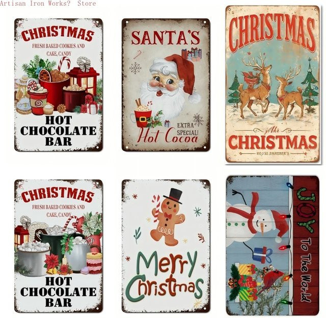 6er Set Potdemiel Retro-Weihnachtsschneemann Metallblechschilder in Mehrfarben mit festlichen Zitaten als rustikale Wandkunst aus Eisen - Bild 1