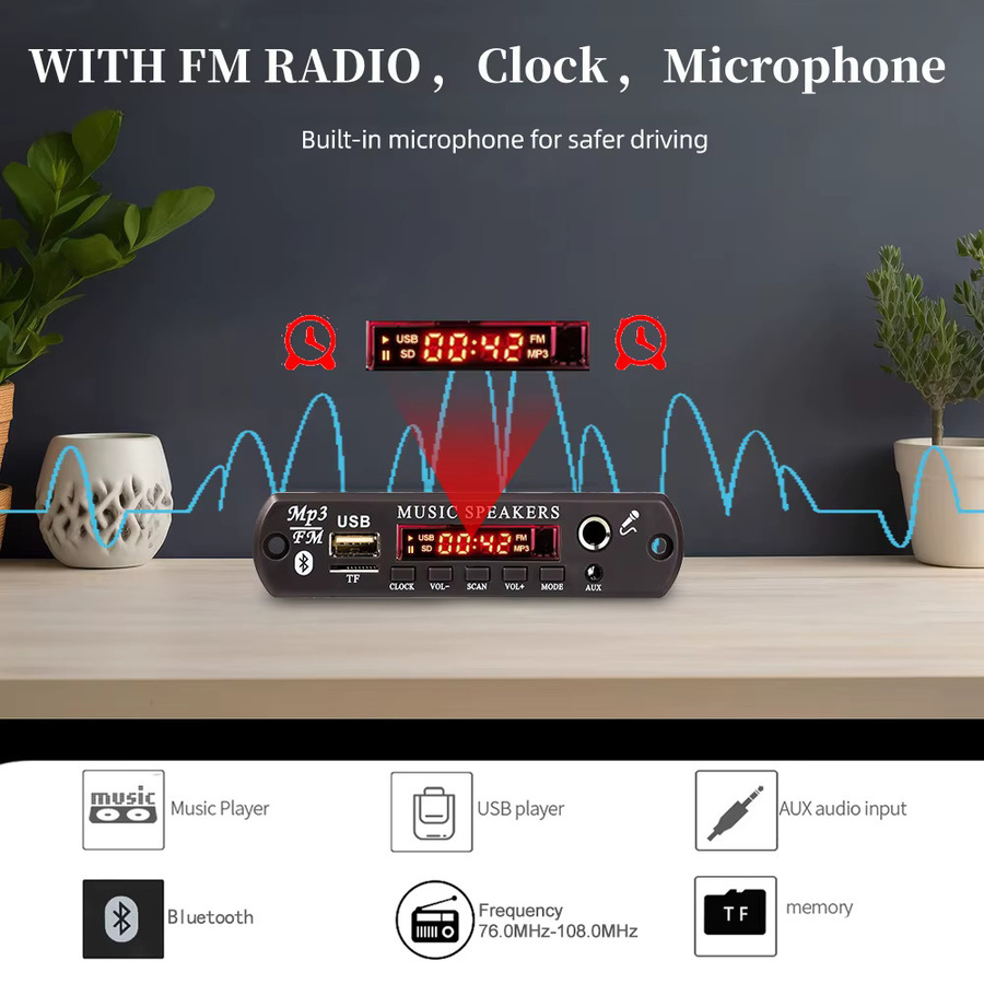 Kebidu Bluetooth 5.3 MP3 Decoder Board mit 60W Verstärker für 12V Auto Audio DIY, Stereo MP3 Player mit FM Radio, USB, TF und 6,5mm Mikrofonanschluss, Schwarz - Bild 3