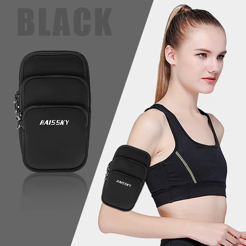 HAISSKY Fitness Armbandtasche mit 3 Reißverschlusstaschen für iPhone 17 16 15 14 13 Pro Max, Farbe: Schwarz - Bild 2