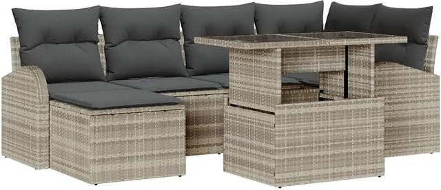 7-tlg. vidaXL Garten-Sofa-Set aus Poly-Rattan in Hellgrau mit L-Form, Eckplatz, Mittelplätzen, Armsofas, Fußhockern und Tisch mit Glasplatte sowie integriertem Kissen-Speicher - Bild 1