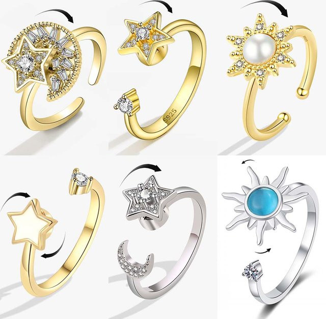 SMJEL Ringe Metall, Sonne Stern Mond, Damen, Rotierend, Einstellbar - Bild 1