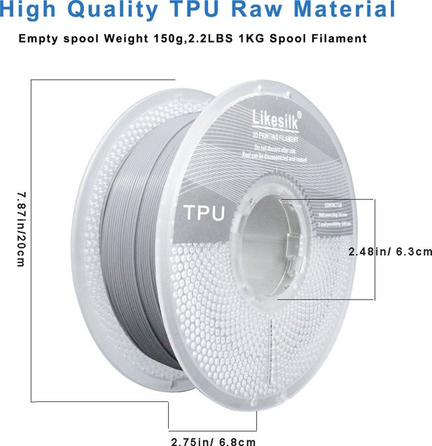 Likesilk 95A TPU-Filament flexibles 3D-Drucker-Filament für FDM, Durchmesser: 1,75 mm, Farbe: Grau, 1 kg Spule - Bild 1