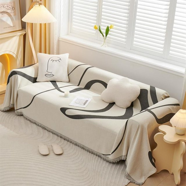 Nordische Quasten-Strickdecke in Beige mit Fransen, B/B: 180 x 90 cm - Bild 1
