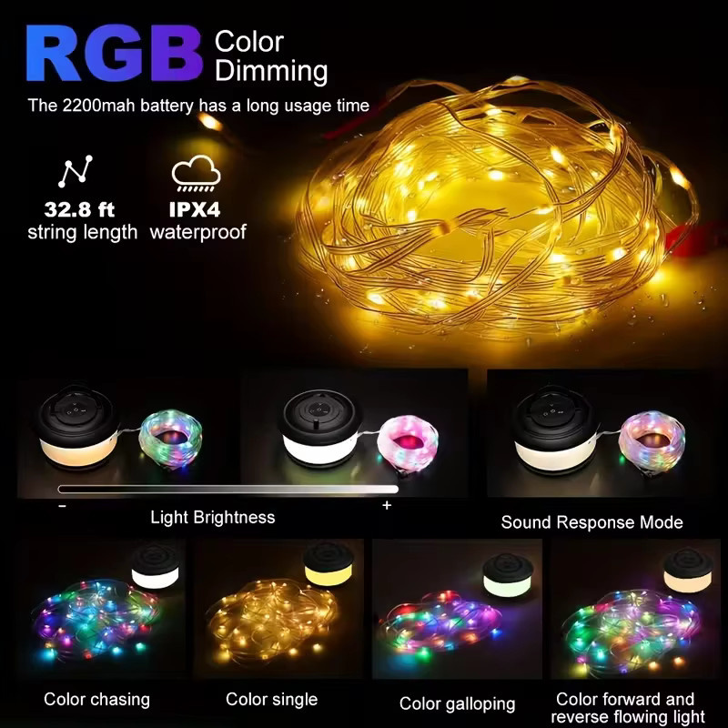 3-in-1 Campingleuchte mit 10 m RGB-Lichterkette, wiederaufladbarem 2200-mAh-Akku und 19 Beleuchtungsmodi in Multicolor - Bild 2