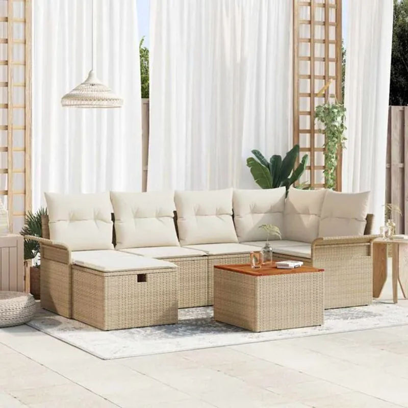 7-teiliges Garten-Sofa-Set mit Kissen und Stauraum aus Poly-Rattan in Beige von vidaxl - Bild 1