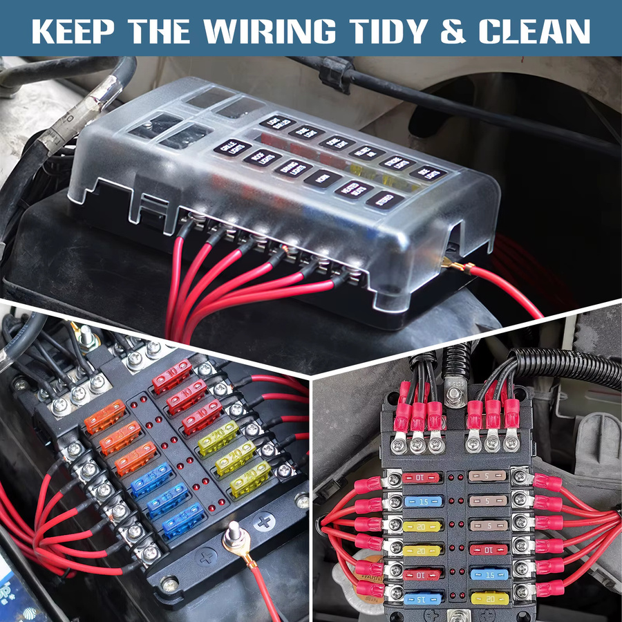 Chelhead 12V 12-Wege-Auto-Sicherungshalter mit negativen Bussen und roter LED-Anzeige in Rot und Schwarz - Bild 5