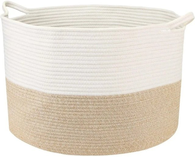 HMF XXL Wäschekorb aus Baumwolle mit Griffen, rund, Weiß-Braun, B: 55 cm, H: 35 cm, T: 35 cm - Bild 1