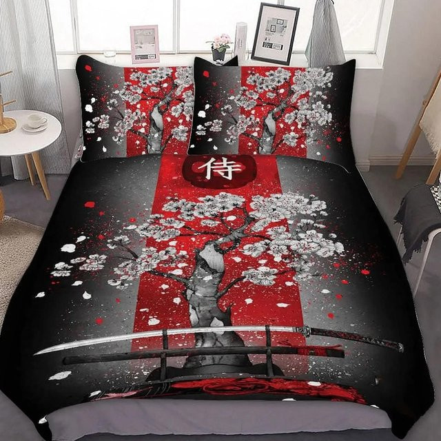 Lodestar Japanische Samurai Bettwäsche Set mit Japan Sonnenuntergang Landschaft Motiv in Schwarz und Rot, B/H: 135 x 200 cm - Bild 1