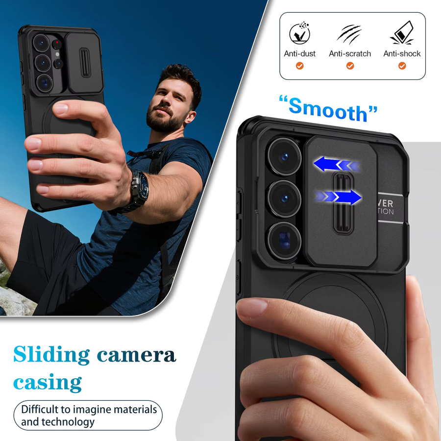 Huikai Stoßfeste Handyhülle für Samsung Galaxy S26 Ultra mit Ständer, Schiebe-Kameraabdeckung und MagSafe-Kompatibilität, Schwarz - Bild 2