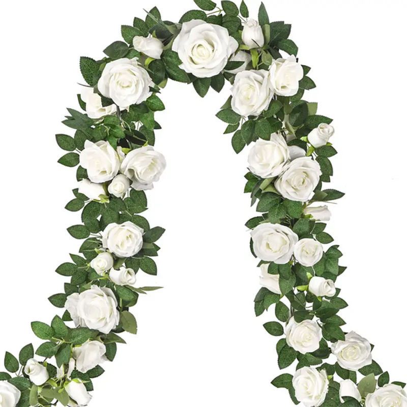 Künstliche Blumengirlande mit weißen Rosen aus Textil, hängende Rosengirlande für Hochzeiten und Garten-Dekoration, Länge: 6 Meter - Bild 1