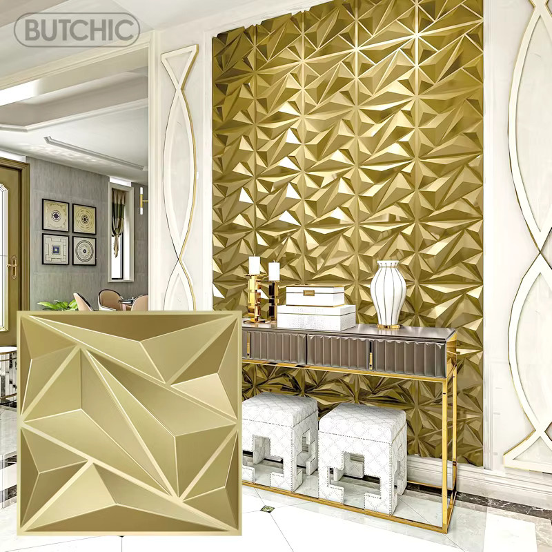 12er Set Butchic 3D Wandpaneele in Champagner Gold mit Holzmaserung, selbstklebende Wandaufkleber aus Papier für Hochzeit und Party, B/B: 30 x 30 cm - Bild 2