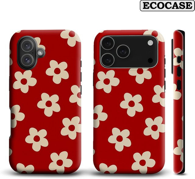 Potdemiel Handyhülle Crimson Cream Petal Pattern mit doppelschichtiger Rückseite für iPhone 17 16 15 14 13 12 Pro Max Plus in Rot und Weiß - Bild 1