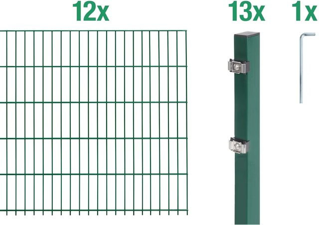 Metallzaun Doppelstabmatte Grund-Set aus Stahl, grün beschichtet, für die Bodenmontage, B/H: 2 x 1,6 m, Gesamtbreite: 12 m - Bild 1
