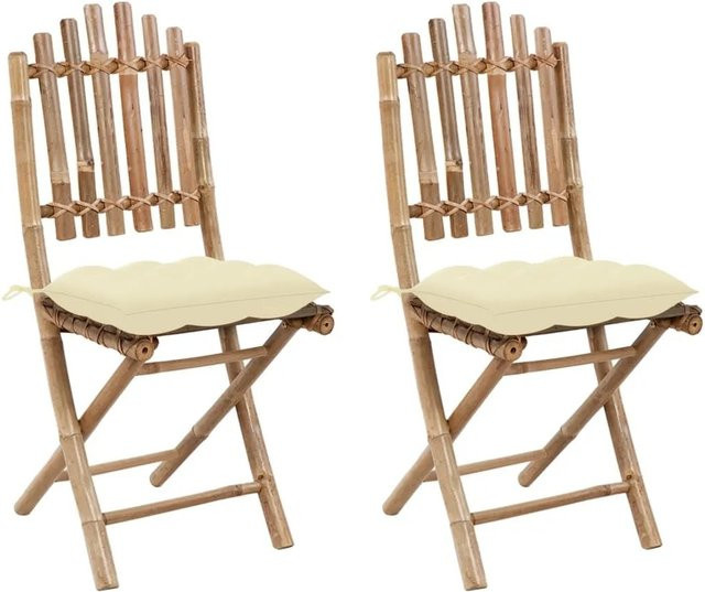 Furnicato Gartenstuhl Set aus 2 Stück aus Bambus mit Kissen in Cremeweiß B/T/H: 50 x 42 x 92 cm - Bild 1