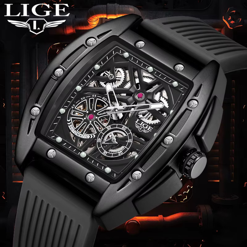 LIGE Armbanduhr Automatik, Kautschukband, Schwarz, Herren - Bild 2