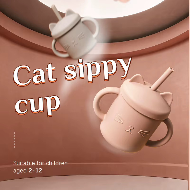 Auslaufsichere Baby Silikon Trinklernbecher mit Strohhalm und Doppelgriff im Katzen-Design, BPA-frei, Pink - Bild 2