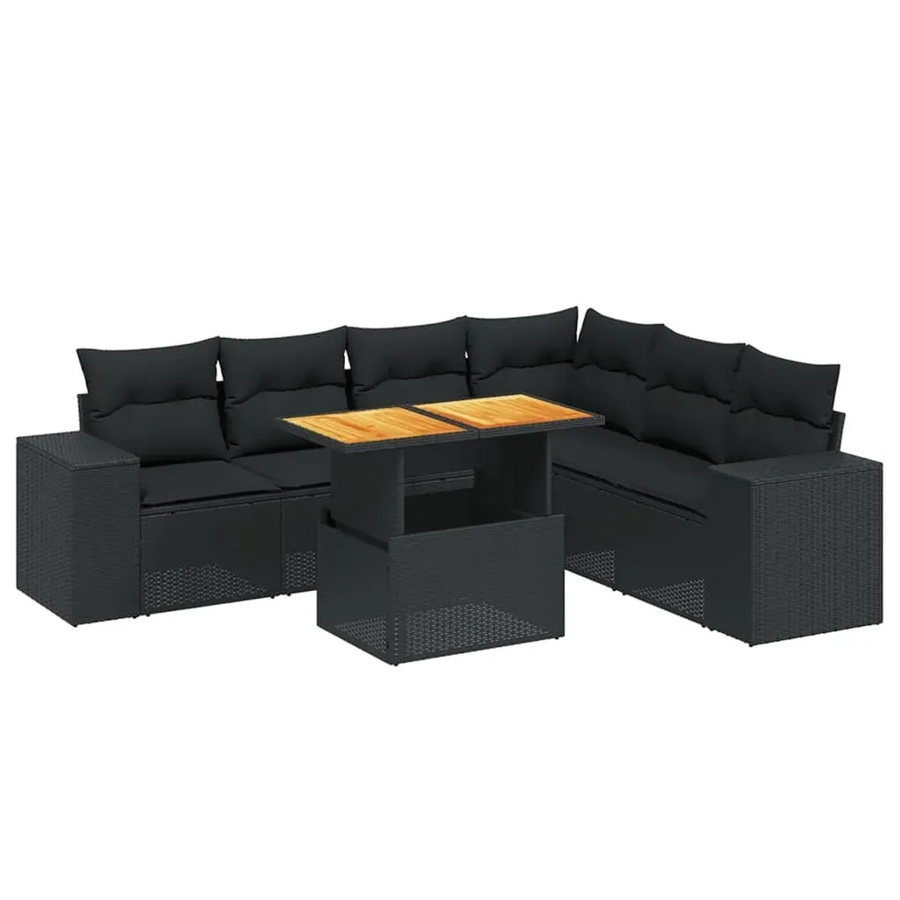 vidaXL 7-teilige Garten-Sofagarnitur in L-Form aus Poly-Rattan und Akazienholz mit Kissen in Schwarz - Bild 2