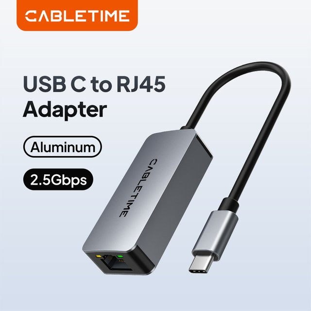 CABLETIME USB C Ethernet Adapter 2,5G 2500Mbps RJ45 LAN Netzwerkkarte mit USB-A und USB-C Anschluss in Grau - Bild 1