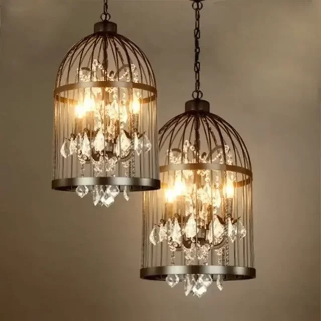 JIANKEXING Retro-Vogelkäfig LED-Pendelleuchte aus Metall und Kristall in Silber mit warmweißem Licht - Bild 1