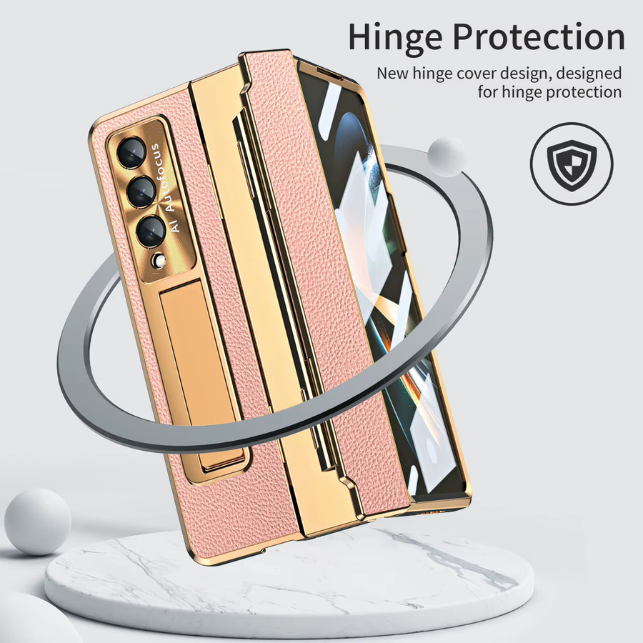 Samsung Galaxy Z Fold 3 4 5 Schutzhülle aus Leder mit Stiftschlitz, Glasfolie und Scharnierschutz in Pink - Bild 2