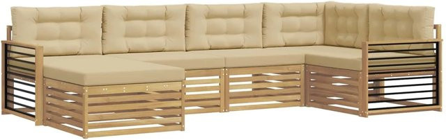 vidaXL Outdoor-Sofagarnitur in L-Form aus Akazienholz mit Kissen, 6-teilig, Weiß und Beige - Bild 1