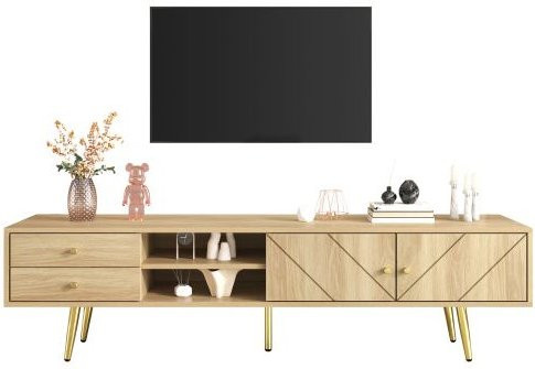 MUVOE TV-Schrank in Holzoptik mit goldenen Füßen, zwei Schubladen und Rillen-Design, Breite: 160 cm, Farben: Braun, Beige und Gold - Bild 1