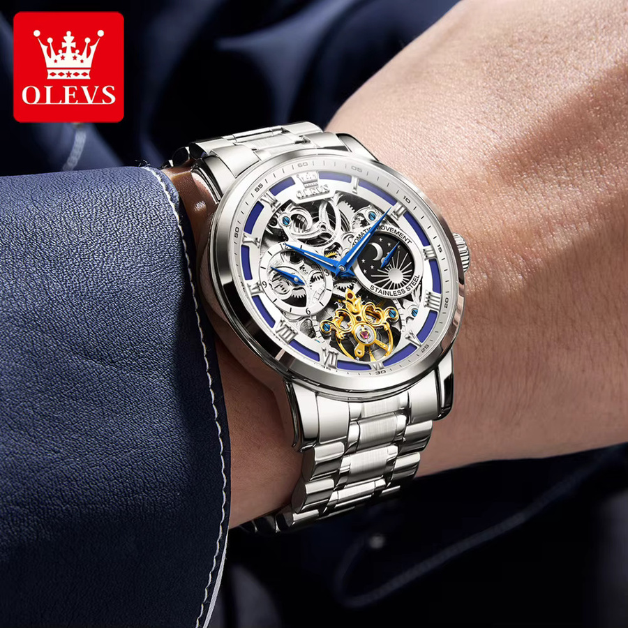 OLEVS Herrenuhr, Skeleton, Mechanisch, Mondphase, Edelstahl, Silber - Bild 2