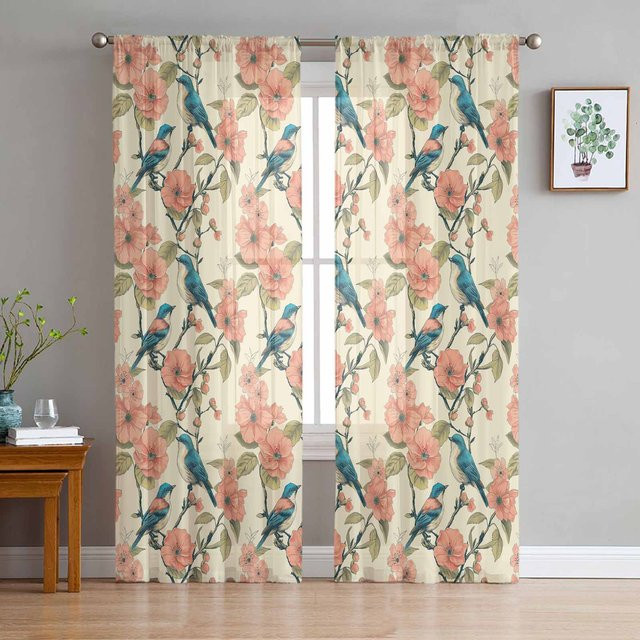Luxuriöse Chiffon-Fenstervorhänge von Super Six mit Pflanzen- und Vogelmuster in Weiß und Multicolour, Breite: 135 cm, Höhe: 114 cm - Bild 1